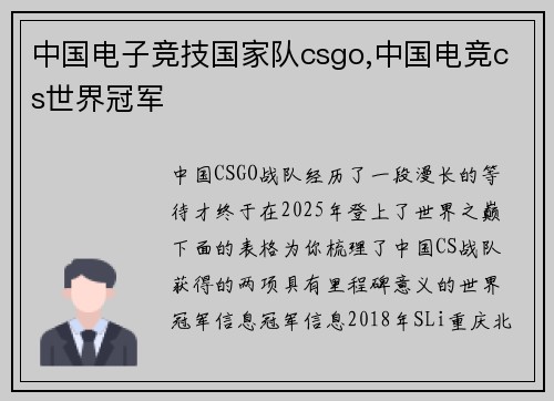 中国电子竞技国家队csgo,中国电竞cs世界冠军