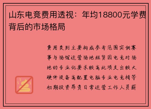 山东电竞费用透视：年均18800元学费背后的市场格局